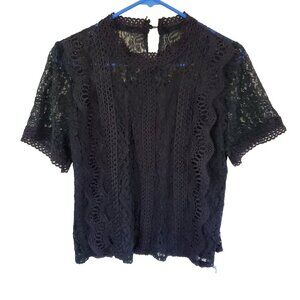 Women Black Crochet Lace Top Size L Sheer Sleeve Ruffled Fairy Grunge Whimsigoth